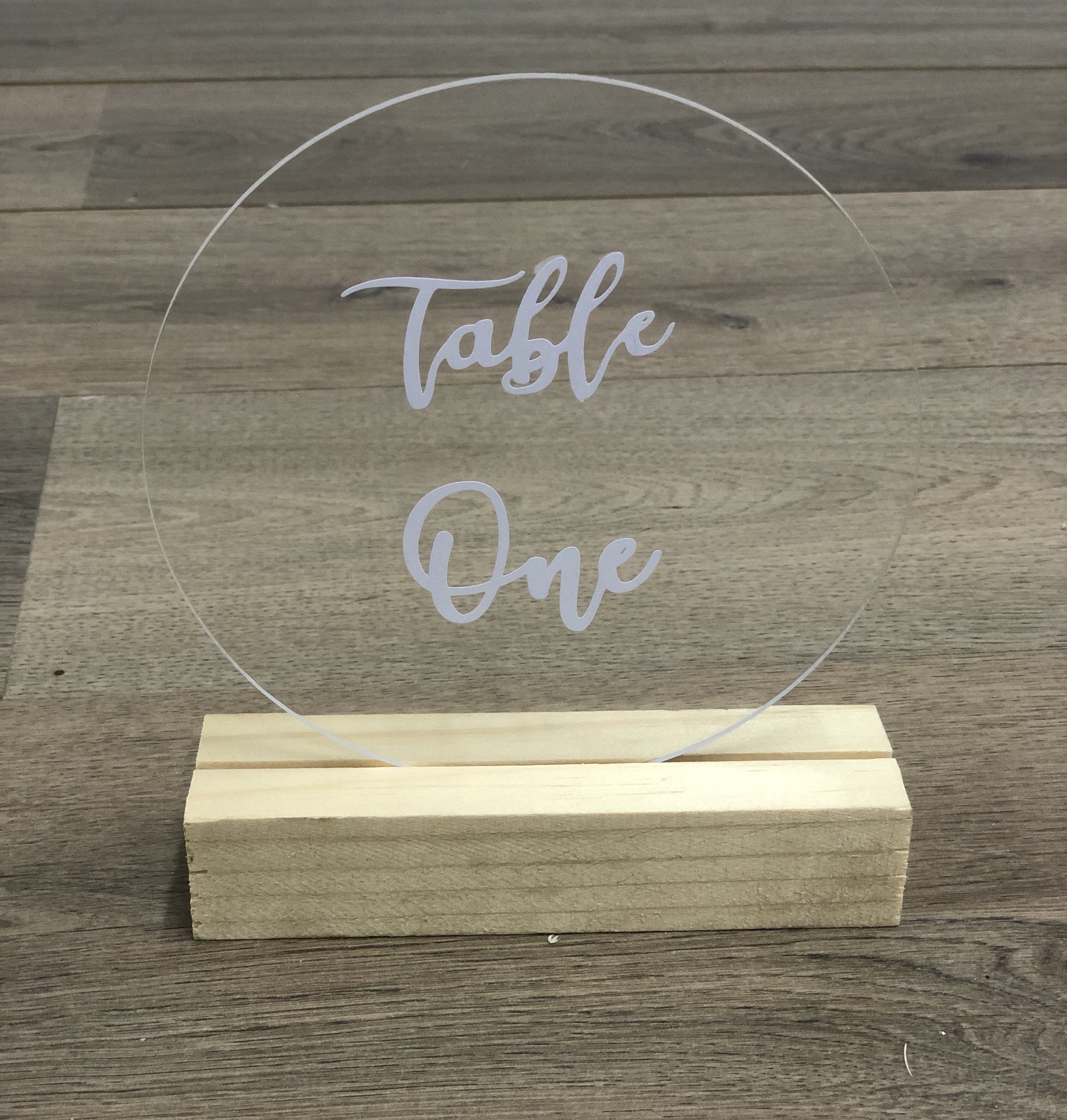 Table Number – Round Clear Acrylic with Wood Base
