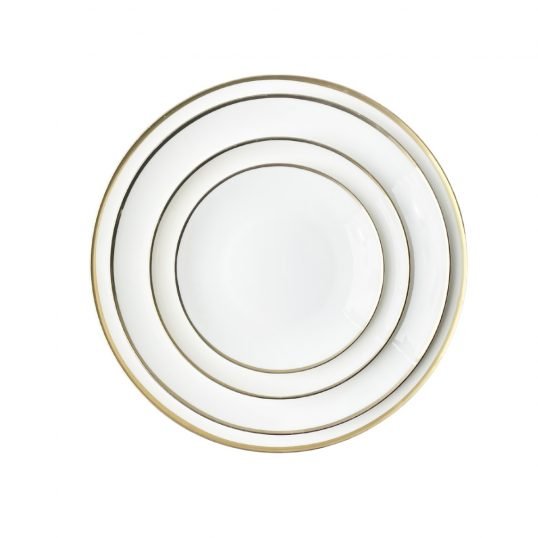 contemporary white and gold dinnerware hire
