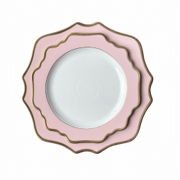 ornate pink and gold dinnerware hire